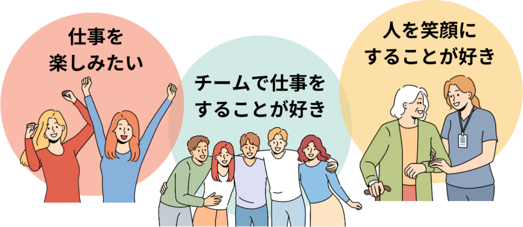求める人物像　－仕事を楽しみたい・チームで仕事をすることが好き・人を笑顔にすることが好き－